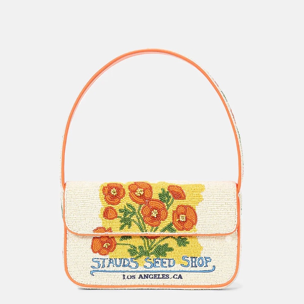 STAUD Orange and Cream Seed Shop Floral Beaded Shoulder Bag